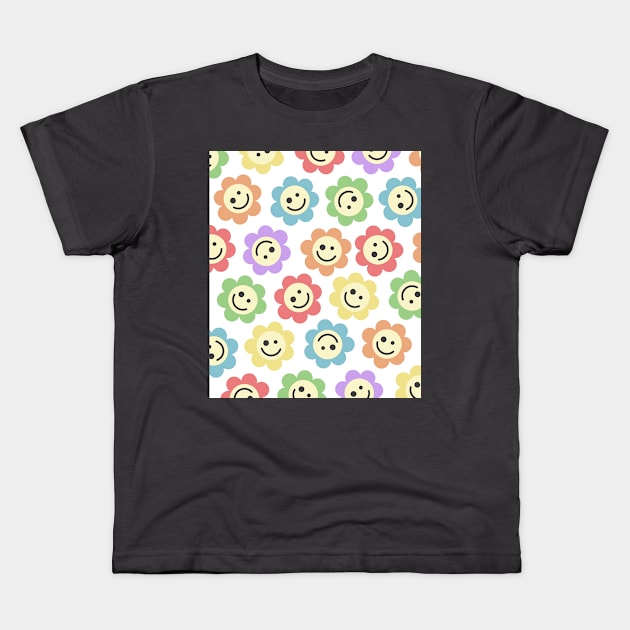 Rainbow Flower Happy Faces Kids T-Shirt by gray-cat